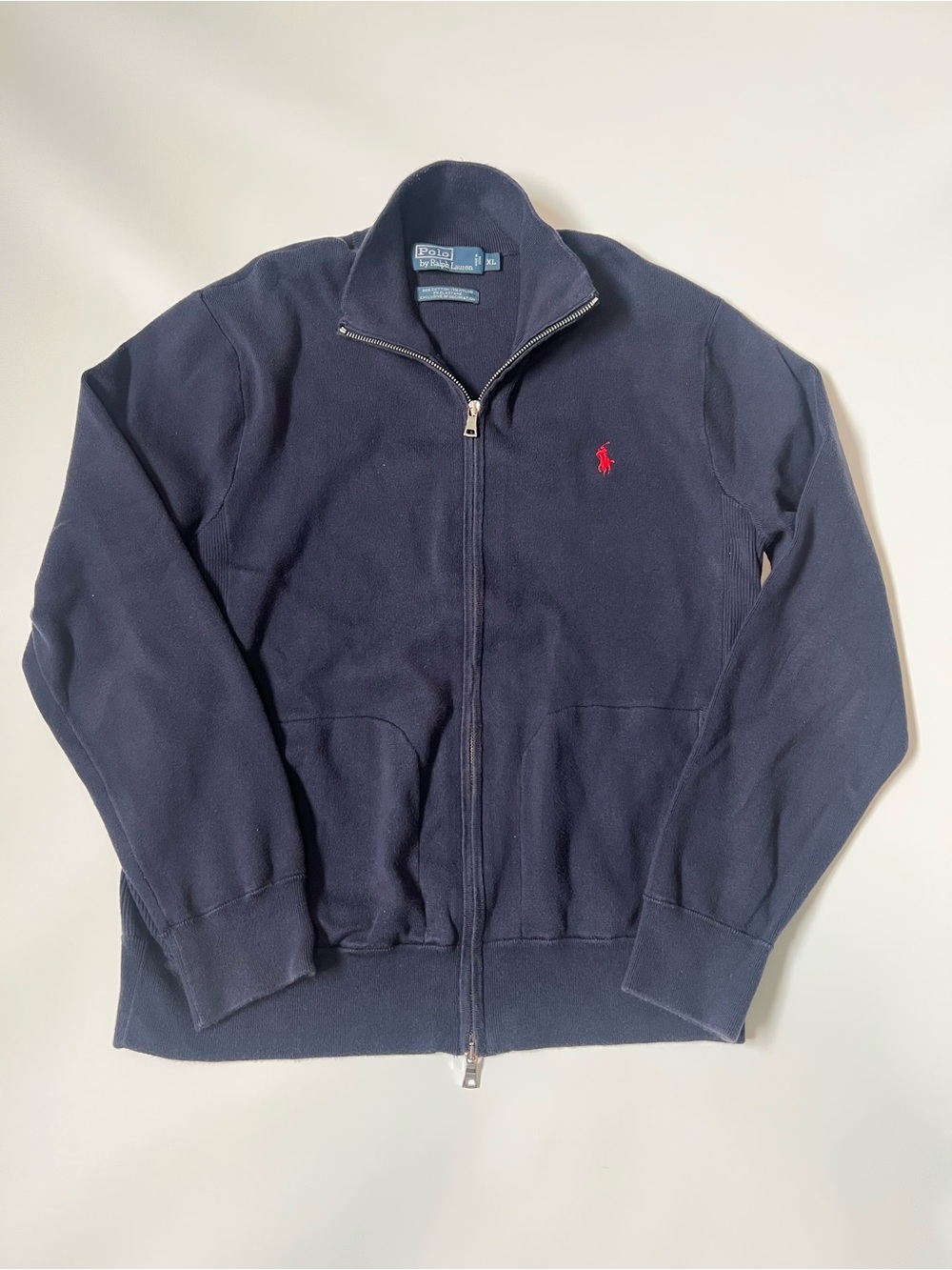 Ralph Lauren Navy Zip-Up Sweater with Red Pony Embroidery